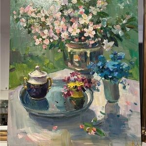 Floral Still Life Canvas Art - Green, Blue, Pink